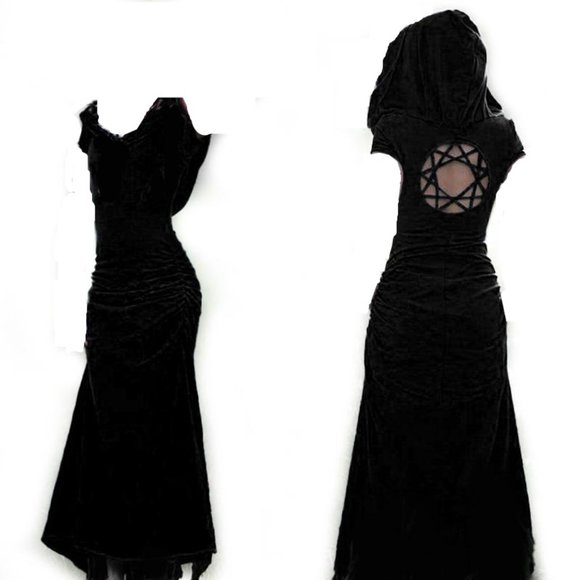 Long Black Hooded Dress with Star Cutout size XL Hoodie Maxi Dress L/XL - Picture 1 of 11